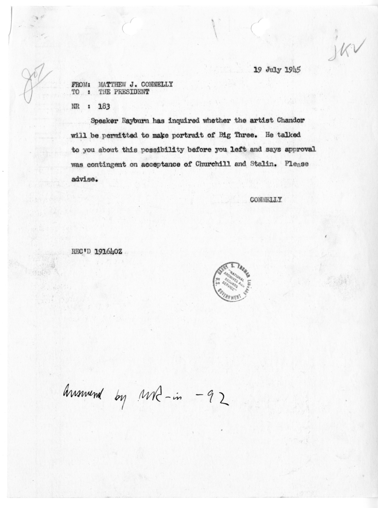 Cable from Matthew J. Connelly to President Harry S. Truman [NR 183]