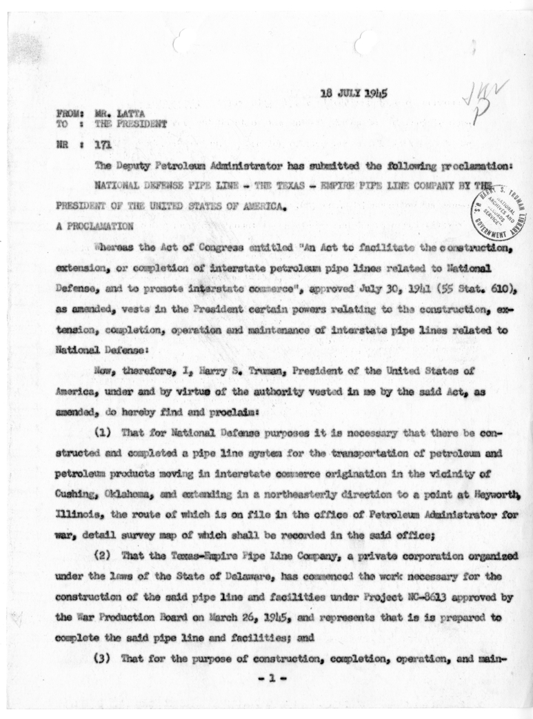 Cable from Maurice Latta to President Harry S. Truman [NR 171]