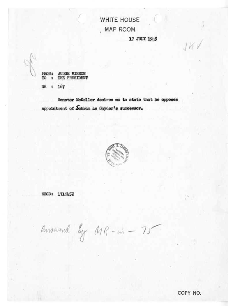 Cable from Judge Fred Vinson to President Harry S. Truman [NR 167]
