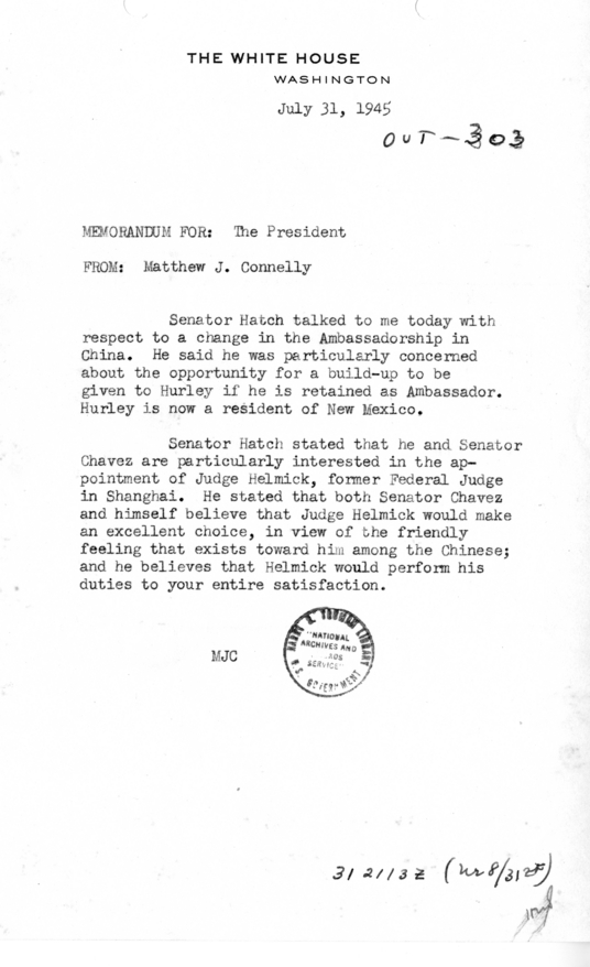 Memorandum from Matthew J. Connelly to President Harry S. Truman