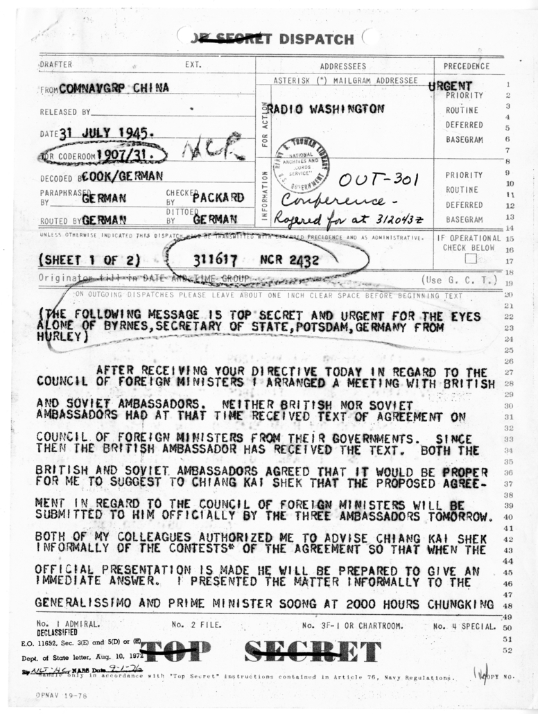 Dispatch from Ambassador Patrick Hurley to Secretary of State James Byrnes