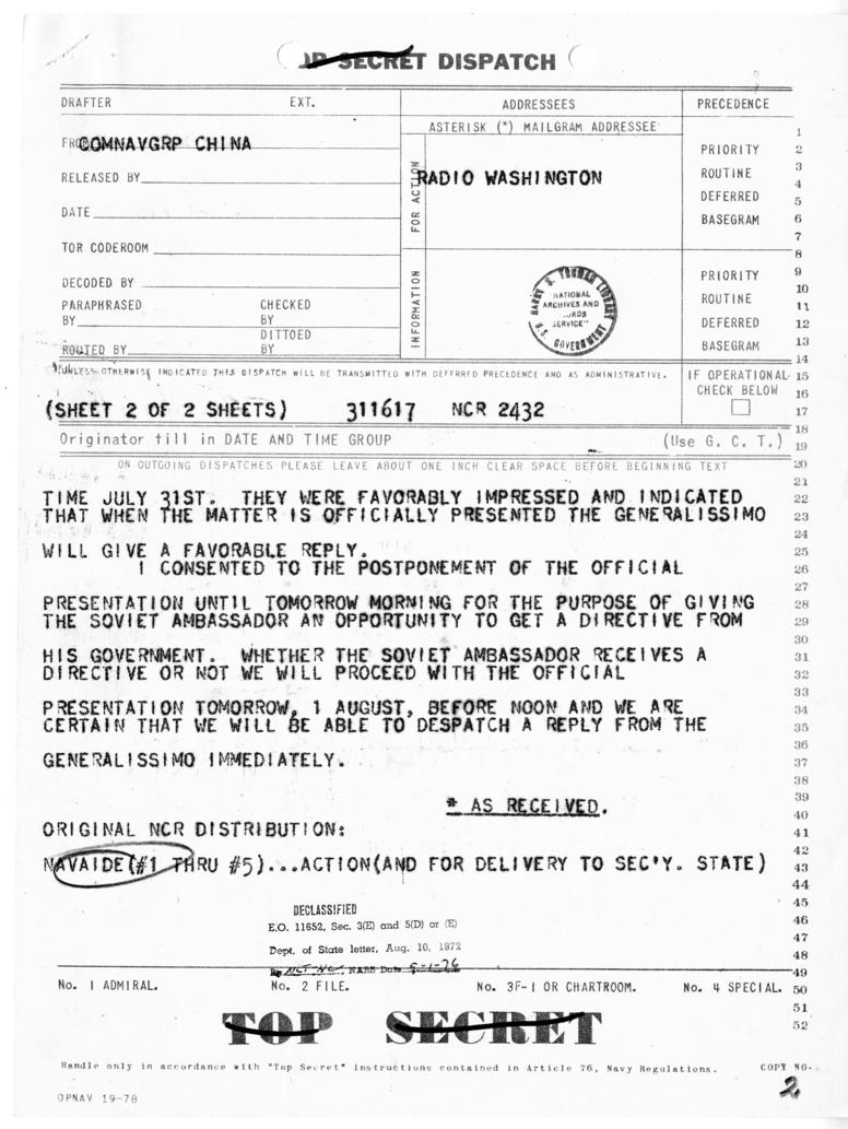 Dispatch from Ambassador Patrick Hurley to Secretary of State James Byrnes