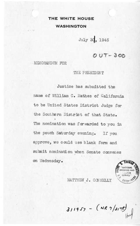 Memorandum from Matthew J. Connelly to President Harry S. Truman [OUT-300]