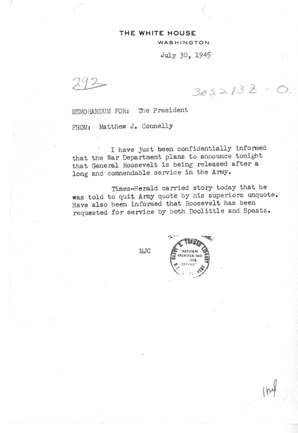 Memorandum from Matthew Connelly to President Harry S. Truman