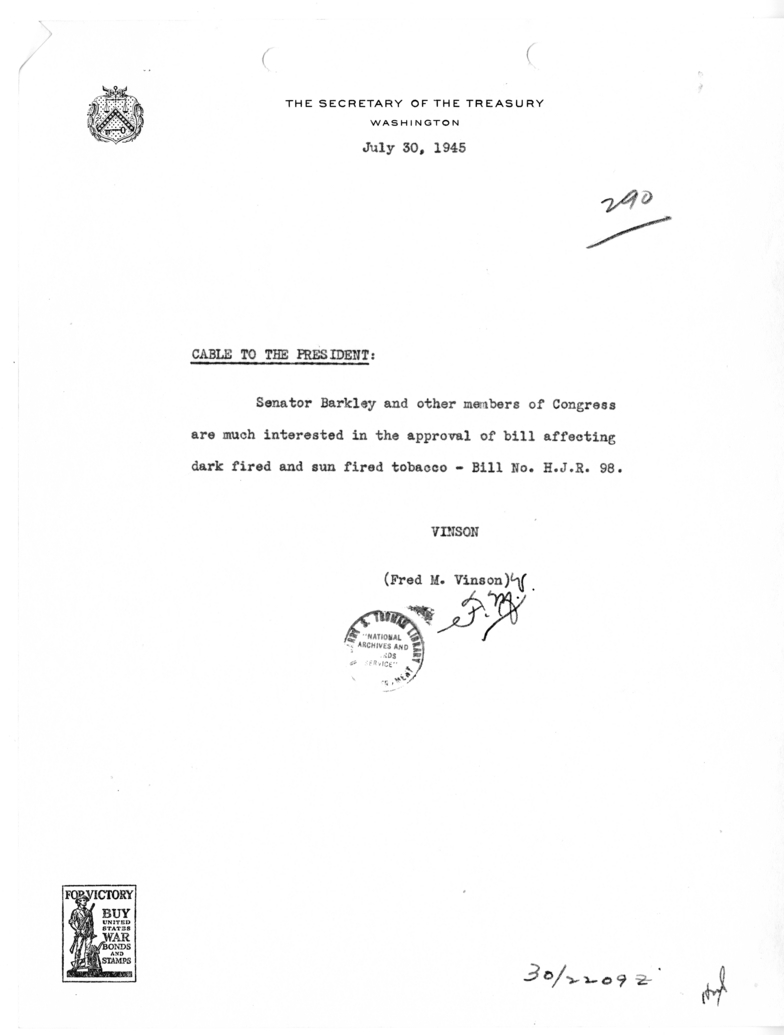 Cable from Fred M. Vinson to President Harry S. Truman