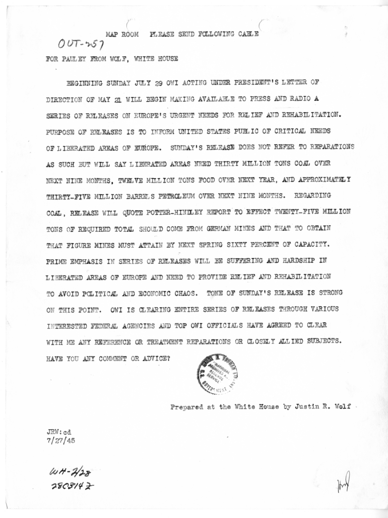 Telegram from Justin R. Wolf to Edwin Pauley [MR-OUT-257]