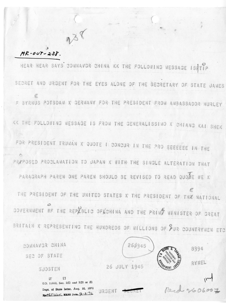 Telegram for Secretary of State James Byrnes [MR-OUT-238]