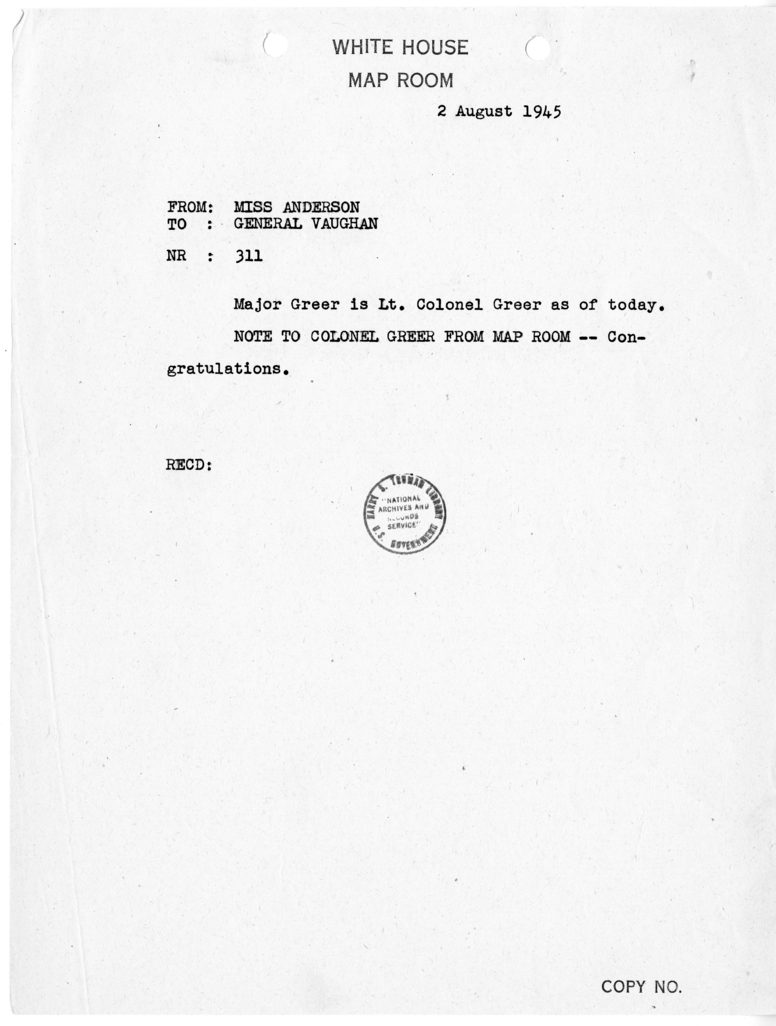 Cable from Miss Anderson to General Harry Vaughan [NR 311]