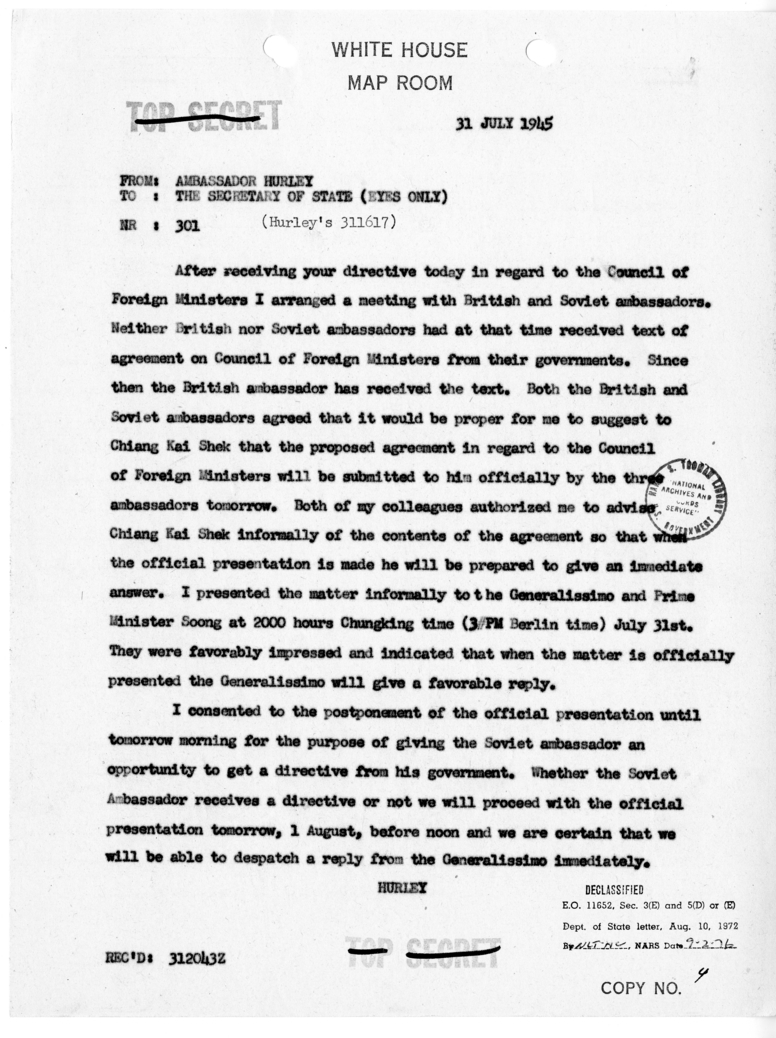 Cable from Ambassador Patrick Hurley to Secretary of State James Byrnes [NR 301]