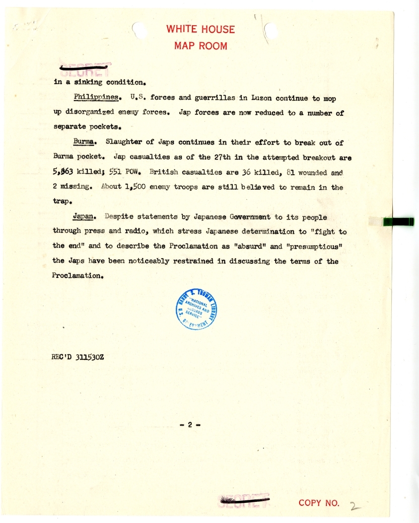 Cable from the Map Room to President Harry S. Truman [NR 297]