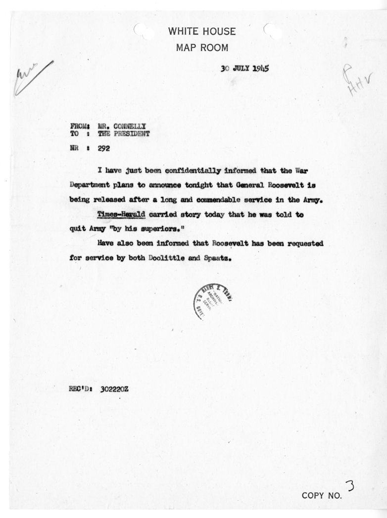 Cable from Matthew Connelly to President Harry S. Truman [NR 292]