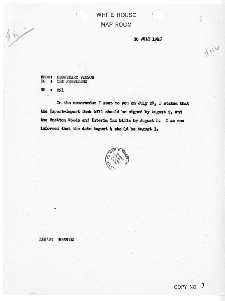 Cable from Secretary Fred Vinson to President Harry S. Truman [NR 291]