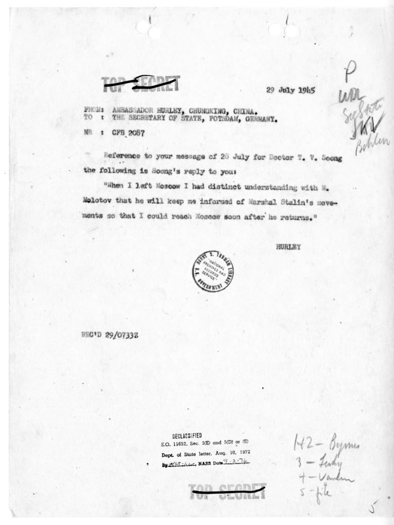 Cable from Ambassador Patrick Hurley to Secretary of State James Byrnes