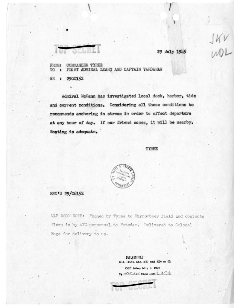 Cable from Commander J. A. Tyree to Fleet Admiral William Leahy and Captain James Vardaman