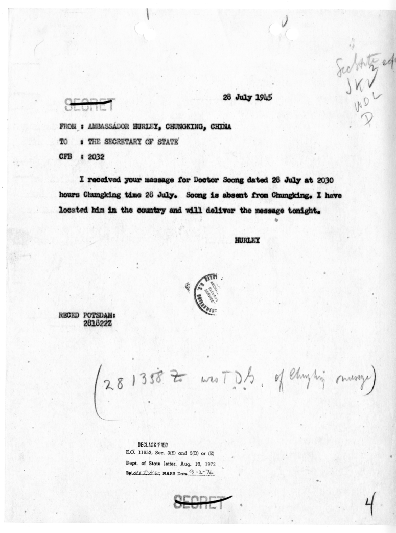 Cable from Ambassador Patrick Hurley to Secretary of State James Byrnes