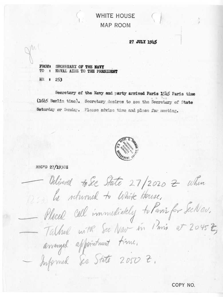 Cable from Secretary of the Navy to Naval Aide to the President [NR 253]