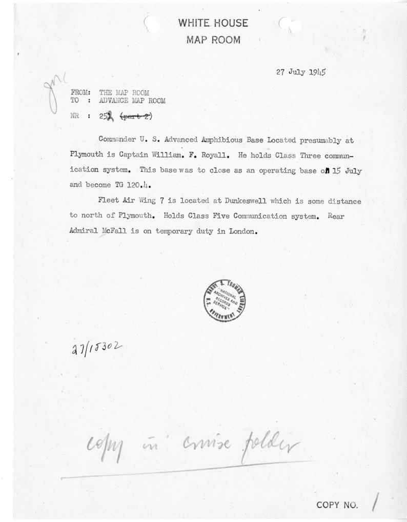 Cable from the Map Room to the Advance Map Room [NR 252]