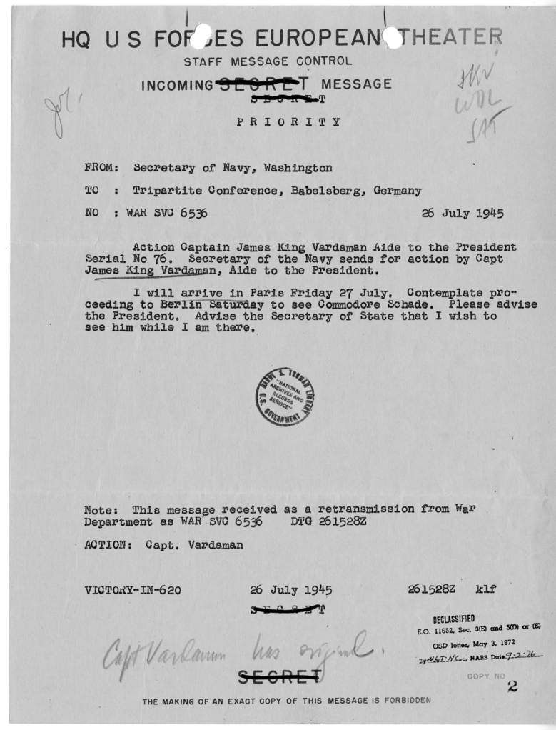 Cable from the Secretary of the Navy to the Tripartite Conference