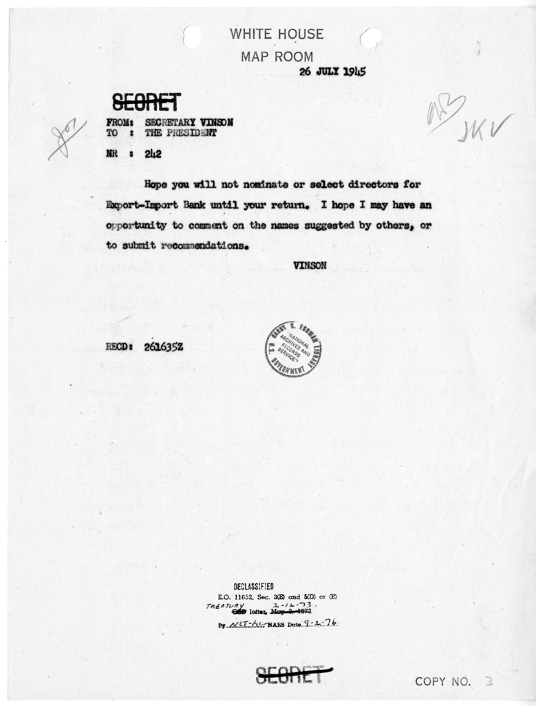 Cable from Secretary Fred Vinson to President Harry S. Truman [NR 242]
