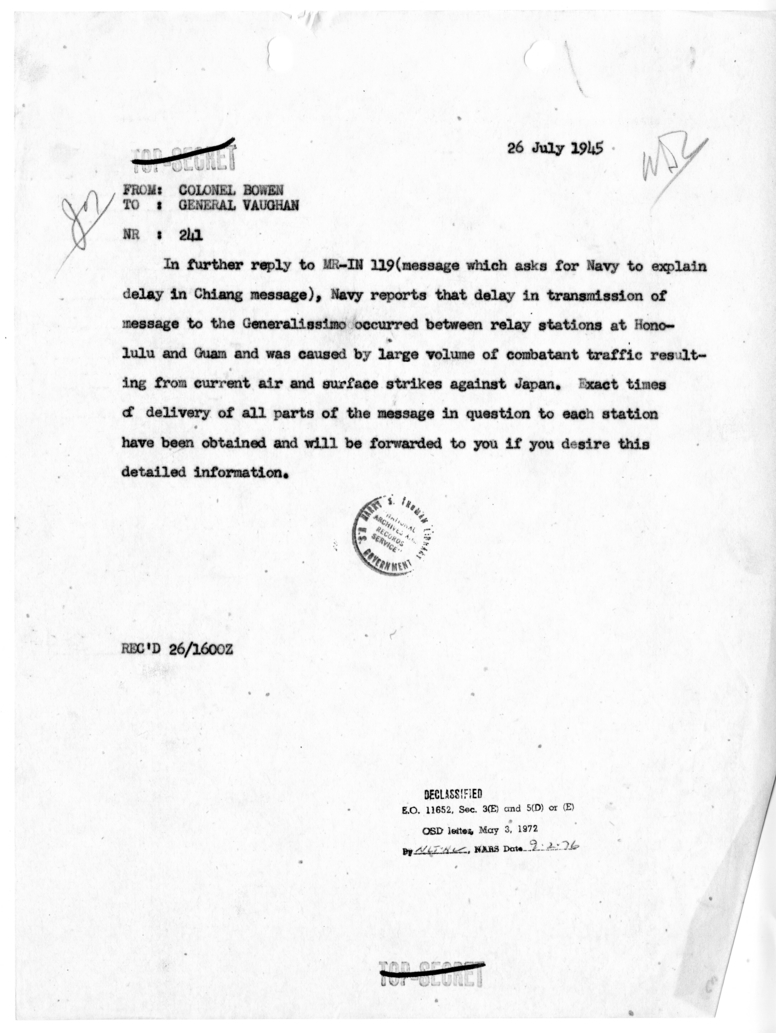 Cable from Colonel Bowen to General Harry Vaughan [NR 241]