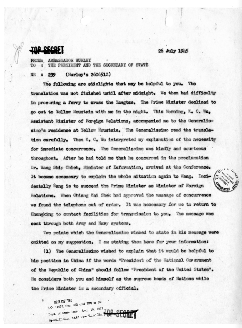 Cable from Ambassador Patrick Hurley to President Harry S. Truman and Secretary of State James Byrnes [NR 239]