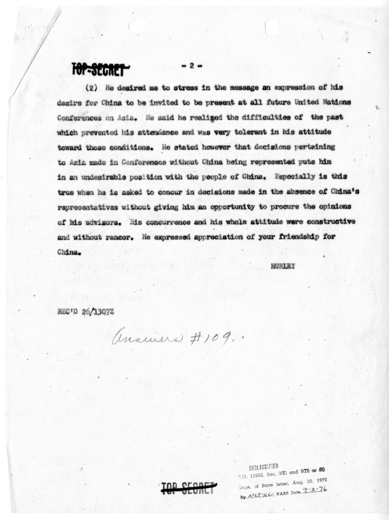 Cable from Ambassador Patrick Hurley to President Harry S. Truman and Secretary of State James Byrnes [NR 239]