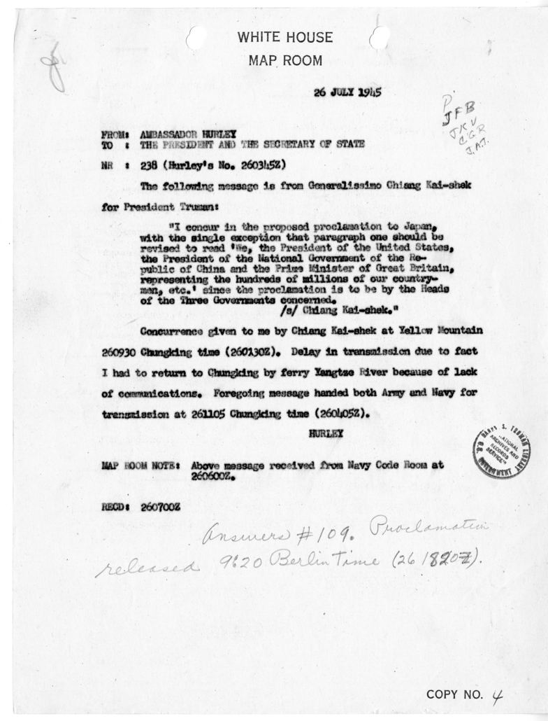 Cable from Ambassador Patrick Hurley to President Harry S. Truman and Secretary of State James Byrnes [NR 238]