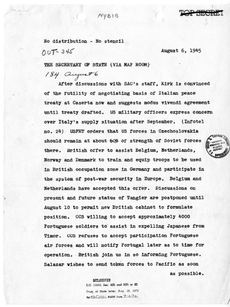 Cable from Acting Secretary of State Joseph Grew to Secretary of State James Byrnes [MR-OUT-345]