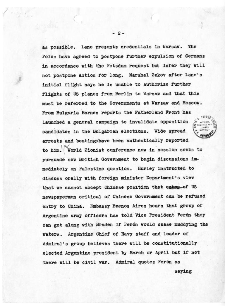Cable from Acting Secretary of State Joseph Grew to Secretary of State James Byrnes [MR-OUT-345]