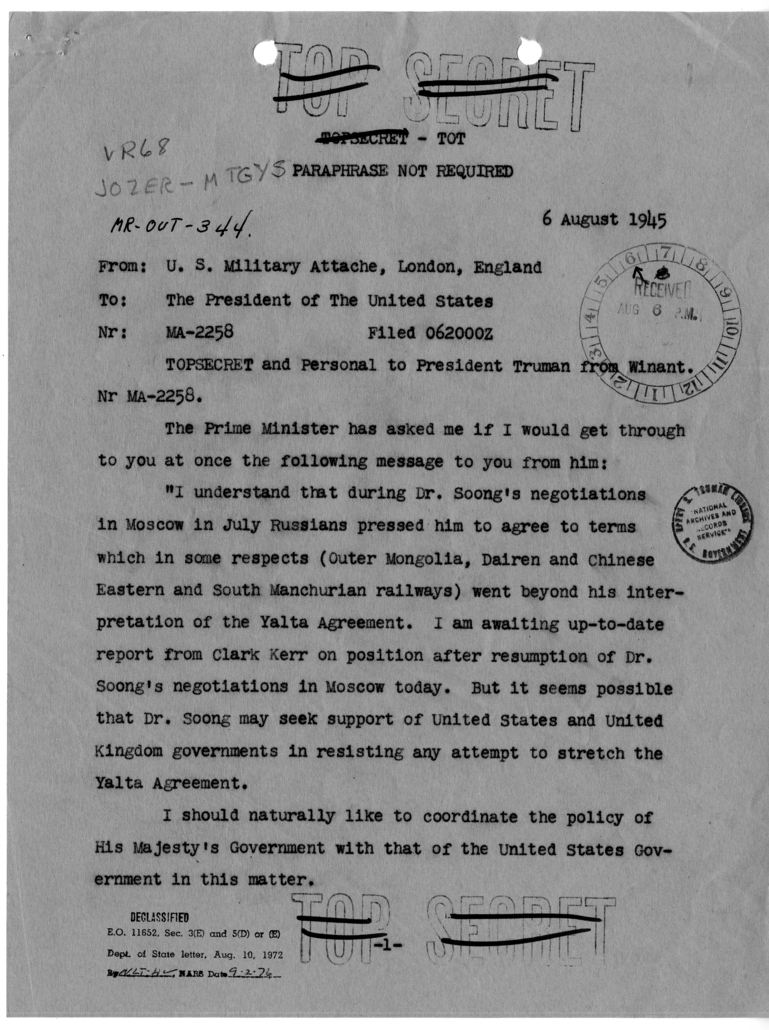 Cable from John Winant to President Harry S. Truman [MR-OUT-344]