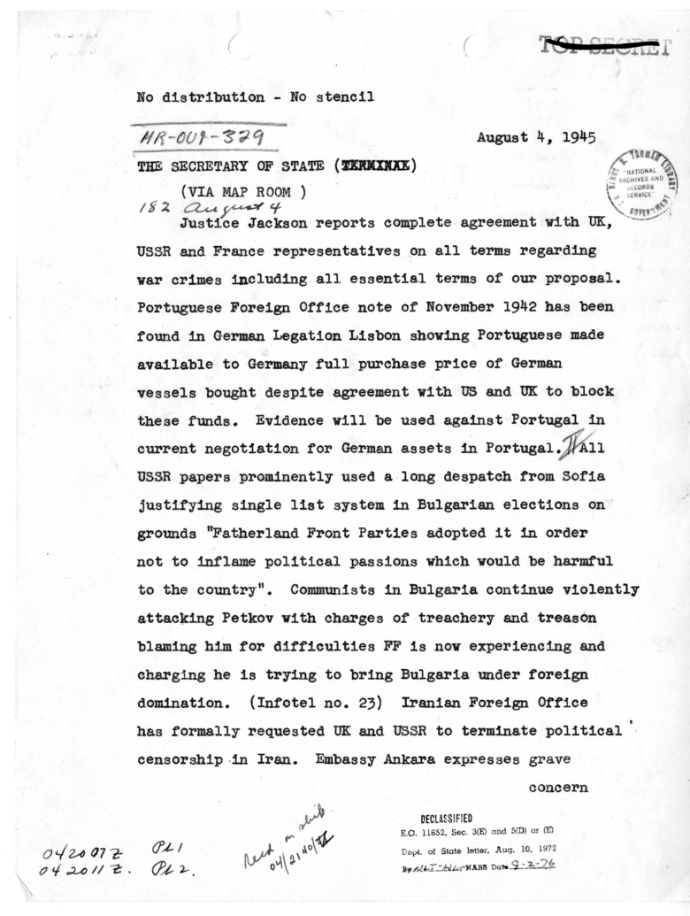 Telegram from Acting Secretary of State Joseph Grew to Secretary of State James Byrnes
