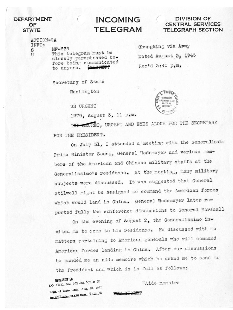 Cable from Ambassador Patrick Hurley to Secretary of State James Byrnes
