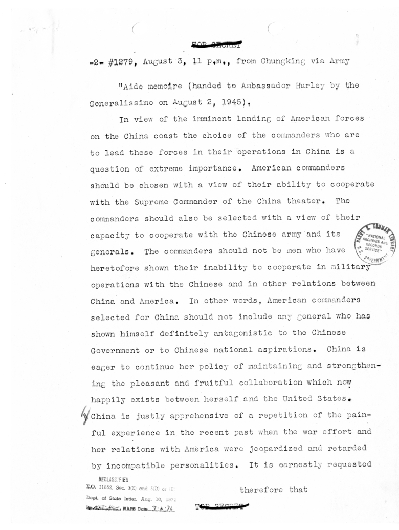 Cable from Ambassador Patrick Hurley to Secretary of State James Byrnes