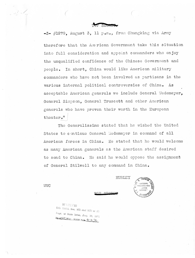 Cable from Ambassador Patrick Hurley to Secretary of State James Byrnes