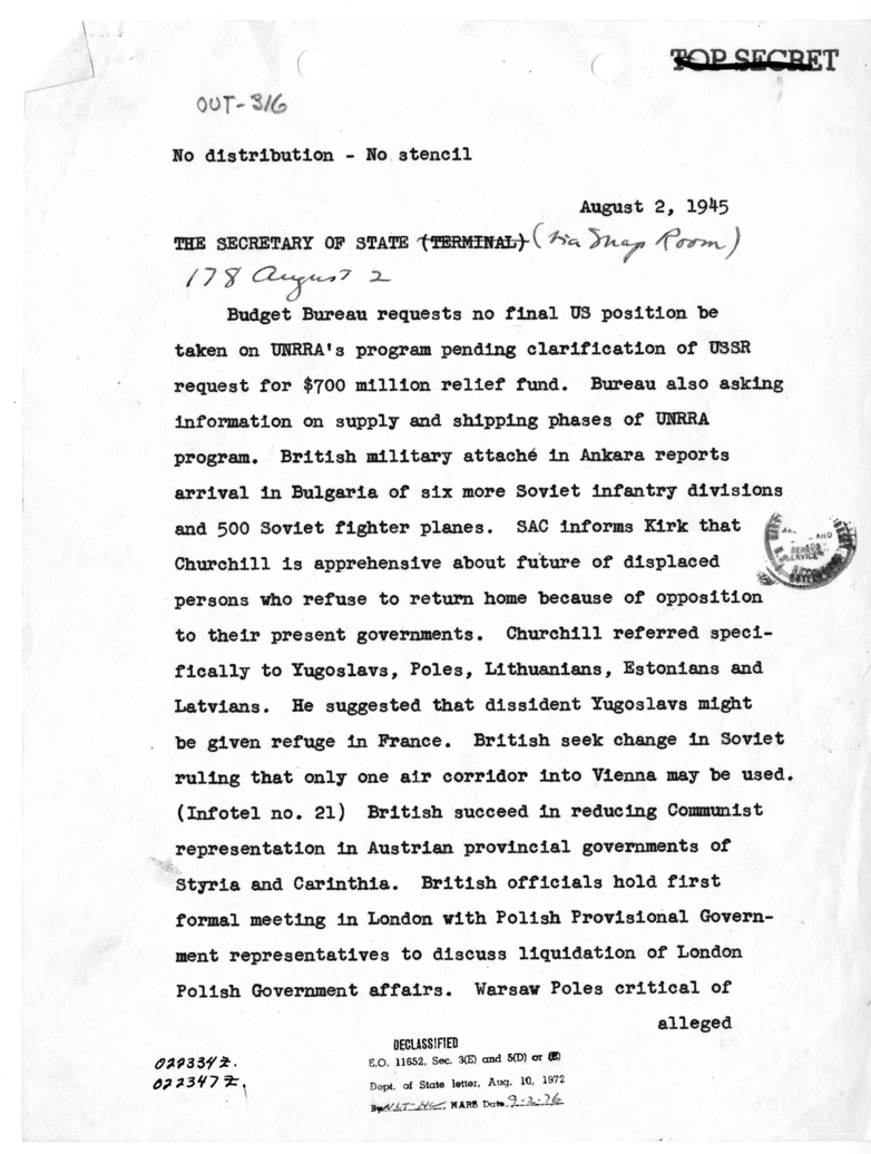 Message from Acting Secretary of State Joseph Grew to Secretary of State James Byrnes [MR-OUT-316]