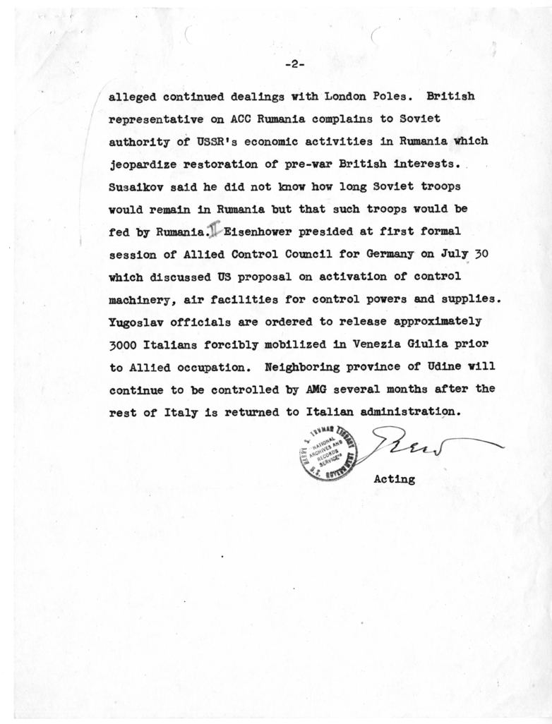 Message from Acting Secretary of State Joseph Grew to Secretary of State James Byrnes [MR-OUT-316]