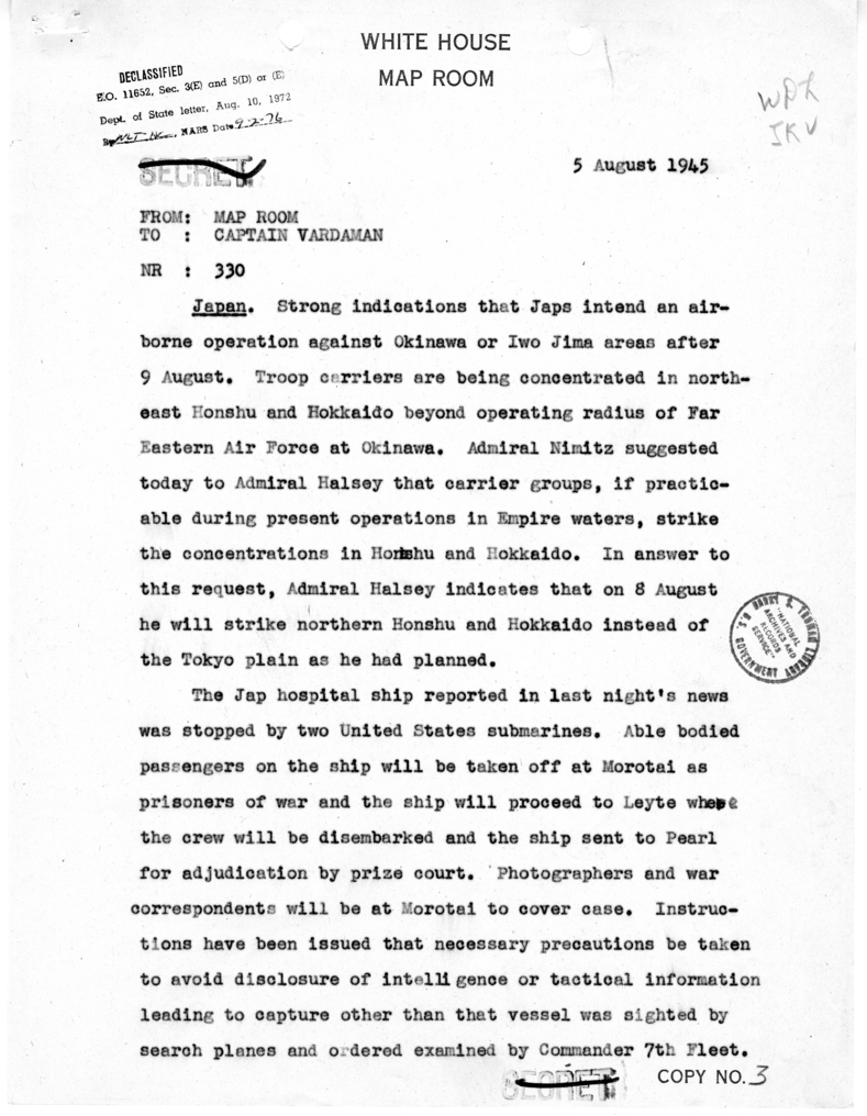 Cable from the Map Room to Captain James Vardaman [NR 330]