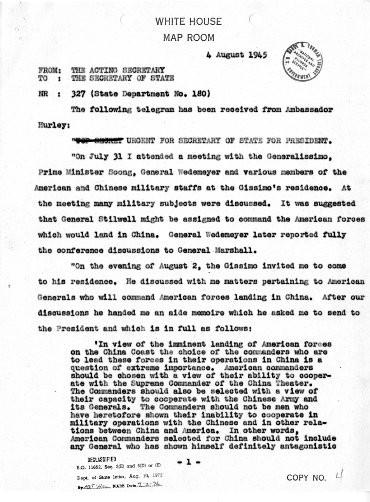 Cable from Acting Secretary Joseph Grew to Secretary of State James Byrnes [NR 327]