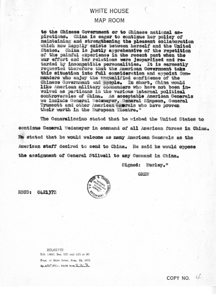 Cable from Acting Secretary Joseph Grew to Secretary of State James Byrnes [NR 327]