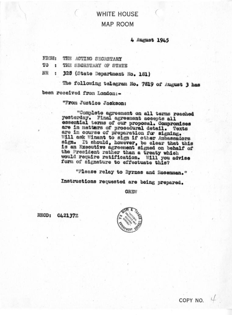 Cable from Acting Secretary of State Joseph Grew to Secretary of State James Byrnes [NR 328]