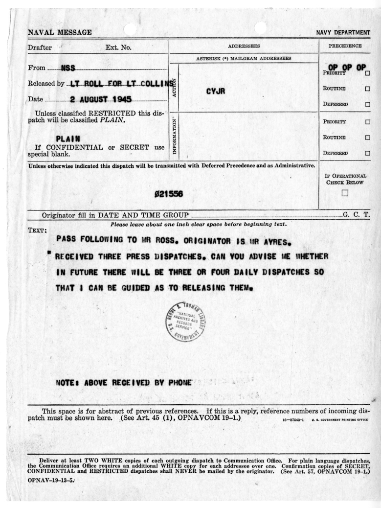 Naval Message from Eben Ayers to Charles Ross
