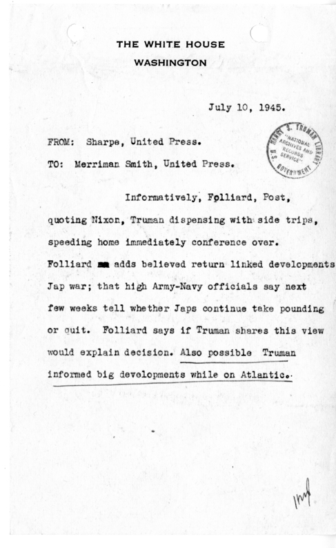Memorandum from Sharpe, United Press to Merriman Smith, United Press