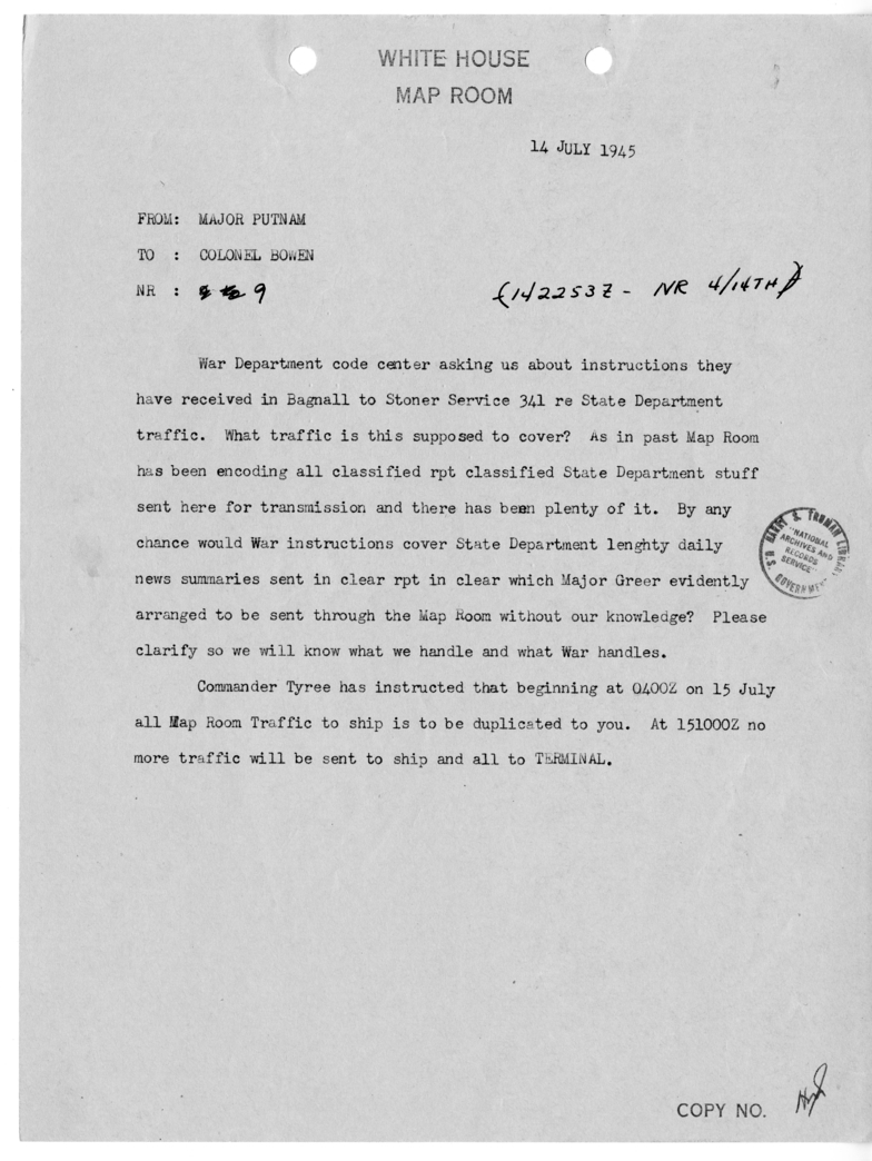 Cable from Major Putnam to Colonel Bowen [NR 9]