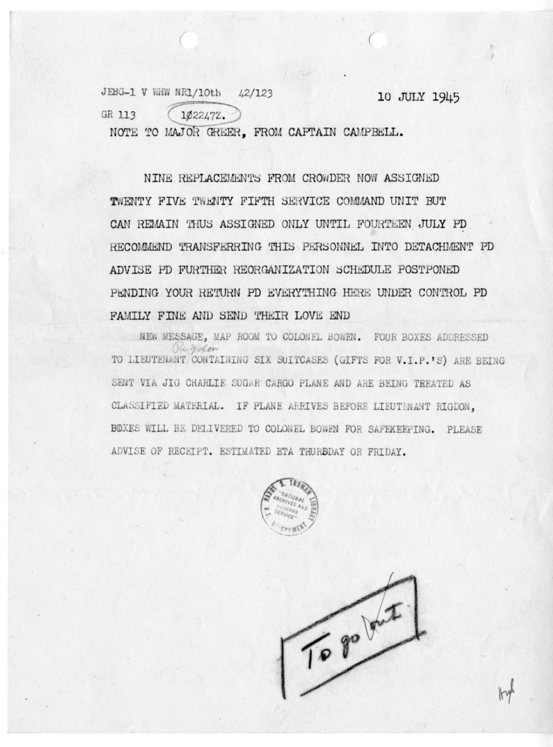 Note to Major Greer from Captain Campbell