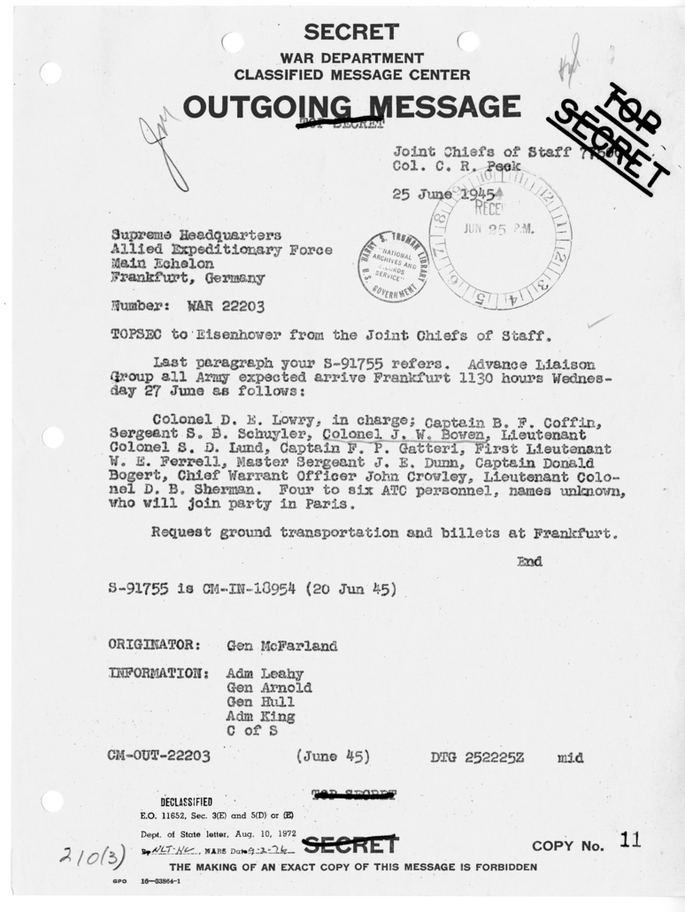 Message from the Joint Chiefs of Staff to General Dwight Eisenhower