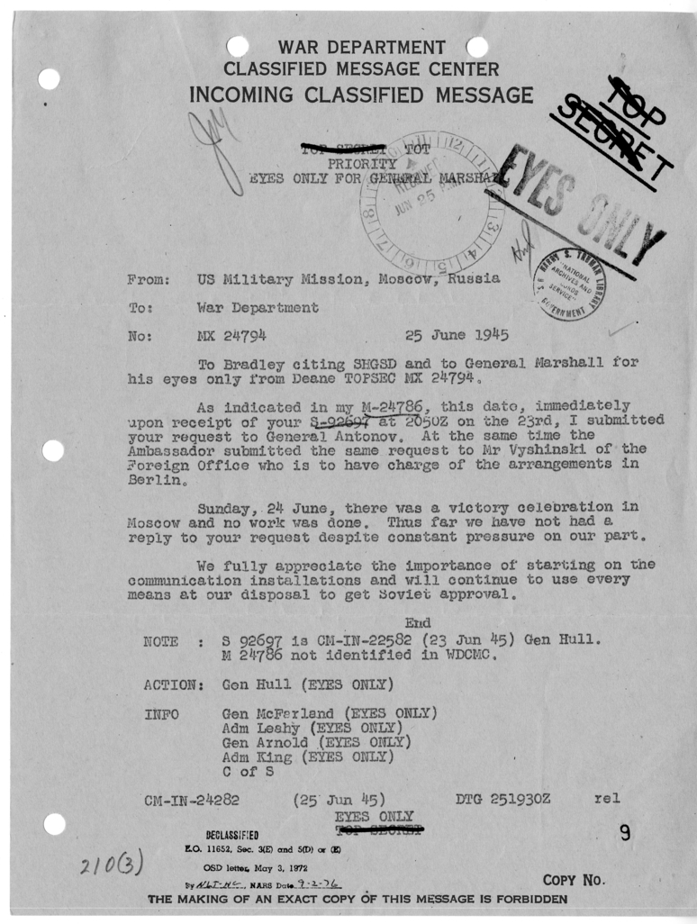 Cable from US Military Mission in Moscow to War Department