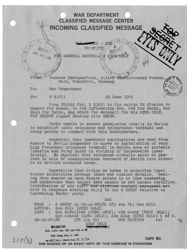 Cable from Supreme Headquarters of Allied Expeditionary Forces in Frankfurt, Germany to the War Departmnet