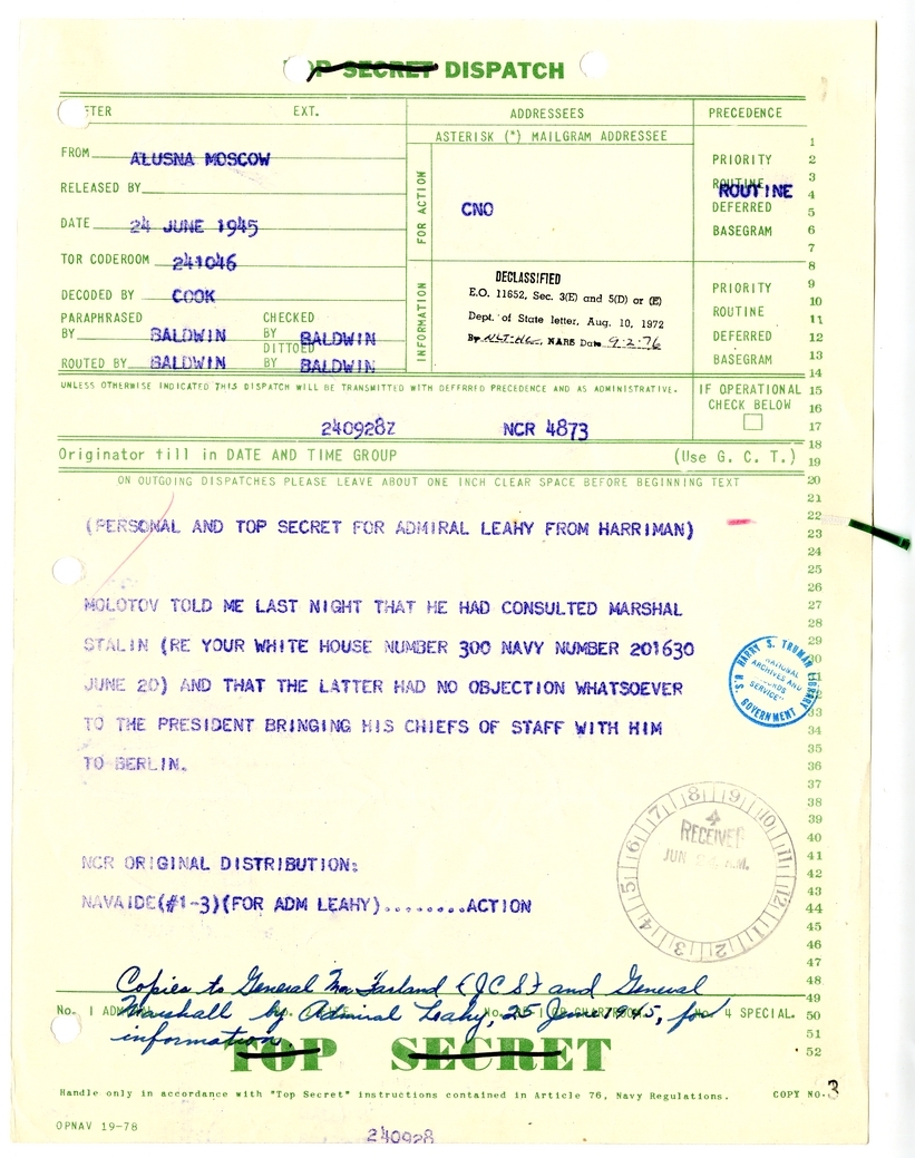 Naval Message from Ambassador W. Averell Harriman to Admiral William Leahy