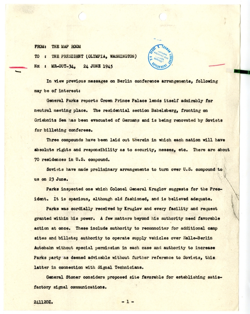 Cable from the Map Room to President Harry S. Truman [MR-OUT-34]
