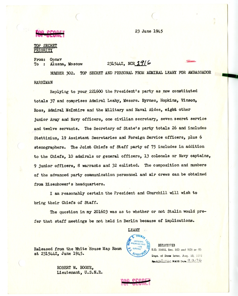 Cable from Fleet Admiral William Leahy to Ambassador W. Averell Harriman